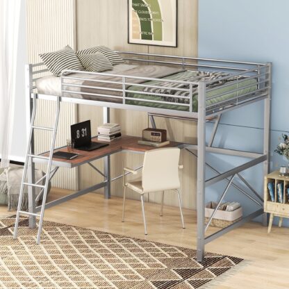 Kumix Loft Bed with Desk and Shelf, Metal Loft Bed Full Size with Full-Length Guardrails and Ladder for Kids Teens Adults, Heavy Duty Loft Bed for Bedroom, Space Saving, Noise Free, Silver