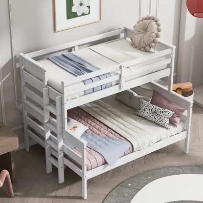 Kumix Bunk Bed Twin over Full, Wooden Heavy Duty Bunk Beds for Kids with Safety Guard Rails, Build-in Ladder, 2 Bunk Beds Can Convertible into 2 Separate Beds, Noiseless, White