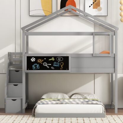 Kumix Twin over Full Bunk Bed, Wood House Bed with Blackboard, Storage Staircase and Full-Length Guardrail for Kids, Teens, Adults, Heavy Duty Bunk Bed for Bedroom, Dorm, Space-Saving, Gray