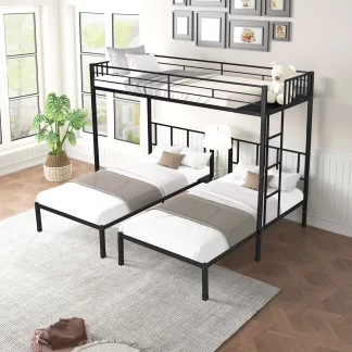 Kumix Triple Bunk Bed, Twin over Twin and Twin Bunk Bed with Shelf and Safety Guardrail, 3 Beds Bunk Bed Can Convertible into 3 Twin Beds for Kids, Teens, Adults, Metal Bunk Bed for Bedroom, Black