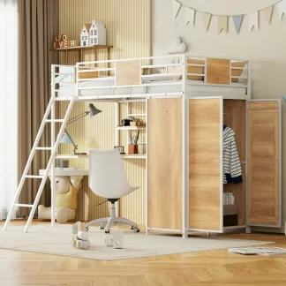 Kumix Loft Bed with Desk, Loft Bed Twin Size with Wardrobe and Shelf for Kids Teens Adults, Metal Loft Bed Frame with Full Length Guardrail, Ladder for Bedroom, Space-Saving, White