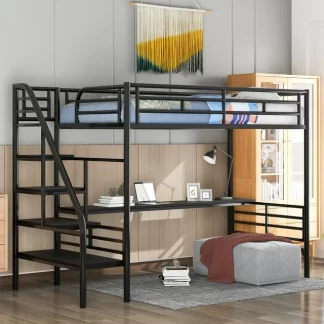 Kumix Loft Bed Twin Size, Metal Loft Bed with Desk and Storage Staircases for Kids Teens Adults, Heavy Duty Loft Bed Frame with Safety Guardrail for Bedroom, No Box Spring Needed, Black