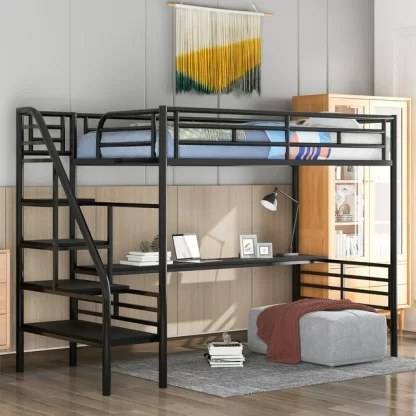 Kumix Loft Bed Twin Size, Metal Loft Bed with Desk and Storage Staircases for Kids Teens Adults, Heavy Duty Loft Bed Frame with Safety Guardrail for Bedroom, No Box Spring Needed, Black