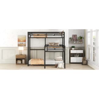 Kumix Triple Bunk Bed, L-shaped Twin Size Bunk Bed with 2 Climbing Ladders for 3 Kids, Space Saving Design Metal Bunk Bed with Full-length Guardrail, No Box Spring, Easy to Install, Black