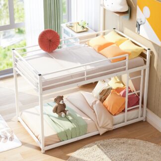 Kumix Bunk Bed Twin over Twin, Low Bunk Bed with Guardrails and Built-in Ladder, Metal Bunk Bed for Kids Teens Adults, Twin Bunk Beds Frame for Bedroom, Noise Free, Easy Assembly, White