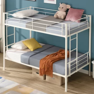 Kumix Bunk Bed Twin Over Twin, Convertible Metal Bunk Bed into 2 Individual Twin Size Bed for Kids, with Safety Guardrails and Ladders, Saving Space, No Spring Box Needed, Easy to Install, White
