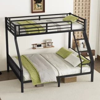 Kumix Bunk Bed Twin XL over Queen, Metal Bunk Bed Frame with Ladder and Full-Length Guardrail for Bedroom, Heavy-Duty Bunk Beds for Kids, Teens, Adults, Space-Saving, No Box Spring Needed, Black