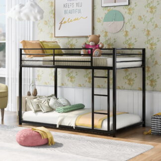 Kumix Bunk Bed Twin over Twin, Low Bunk Bed with Guardrails and Built-in Ladder, Metal Bunk Bed for Kids Teens, Floor Full Bunk Beds for Bedroom, Dom, Noise Free, Black