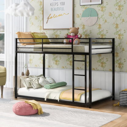 Kumix Bunk Bed Twin over Twin, Low Bunk Bed with Guardrails and Built-in Ladder, Metal Bunk Bed for Kids Teens, Floor Full Bunk Beds for Bedroom, Dom, Noise Free, Black
