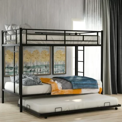 Kumix Twin Over Twin Bunk Bed with Trundle, 2 Beds Bunk Bed with Full-length Guardrail and 2 Build-in Ladders for Kids, Teens, Adults, Metal Bunk Bed Twin Size for Bedrooms, Easy to Install, Black