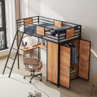 Kumix Loft Bed with Desk, Loft Bed Twin Size with Wardrobre and Shelf for Kids Teens Adults, Metal Loft Bed Frame with Full Length Guardrail, Ladder for Bedroom, Space-Saving, Black