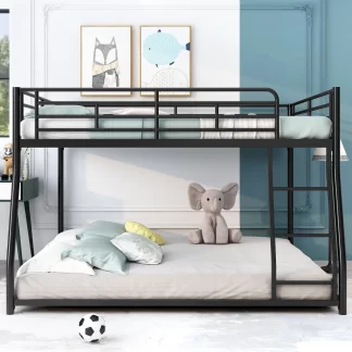 Kumix Bunk Bed Full XL over Queen, Low Bunk Bed, Metal Bunk Bed with Full- Length Guardrail and Ladder, Toddler Bunk Beds for Kids, Teens, Adults, No Box Spring Needed, Black
