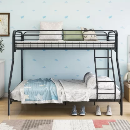 Kumix Bunk Bed Twin over Full, Bunk Bed with Safety Guardrails and Built-in Ladder for Kids, Adults, Heavy Duty Bunk for Bedroom, Dormitory, Space-Saving, Noise Free, No Box Spring Needed, Black