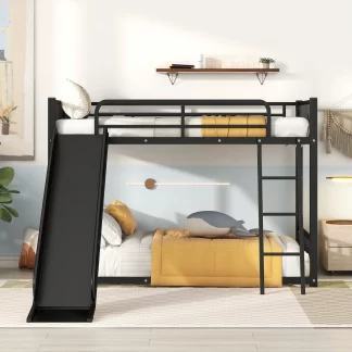 Kumix Bunk Bed Twin over Twin, Low Bunk Bed with Slide, Heavy Duty Bunk Bed for Kids, Teens, Adults with Full-Length Guardrail and Inclined Ladder, No Box Spring Needed, Noise Free, Black
