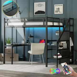 Kumix Full Size Loft Bed with Desk and USB, Metal Loft Bed with Wardrobe, LED and Storage Staircase for Kids Teens, High Loft Bed with Guardrails and Ladders for Bedroom, Space-Saving, Black