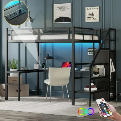 Kumix Full Size Loft Bed with Desk and USB, Metal Loft Bed with Wardrobe, LED and Storage Staircase for Kids Teens, High Loft Bed with Guardrails and Ladders for Bedroom, Space-Saving, Black