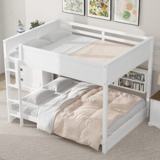 Kumix Queen over Queen Bunk Bed, Solide Wood Bunk Bed with 6 Storage Cabinets, USB Ports and Safety Guardrail, Heavy Duty Queen Bunk Bed for Kids, Teens, Adults, for Bedroom, Dorm, White