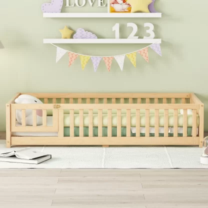 Kumix Toddler Floor Bed with Fence Guardrail and Door, Twin Floor Bed with Slats Support for Kids Boys & Girls, Wooden Montessori Floor Bed Frame for Bedroom, Floor Bed for Toddlers 1-3, Natural
