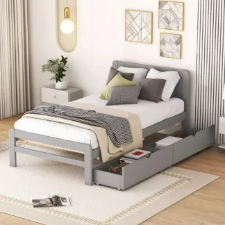 Platform Bed Kumix Twin Size, Noise-Free Bed Frame with Pine Headboard and 2 Drawers, Solid Wood Platform Bed with Slats Support for Girls Boys for Bedrooms, No Box Spring Needed, Grey