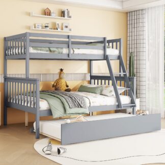 Kumix Twin over Full Bunk Bed with Trundle, Wood Bunk Bed with Convertible Ladder and Full-Length Guardrail for Kids Teens, Noise Free Bunk Bed Can Convertible into 2 Beds for Bedroom, Grey