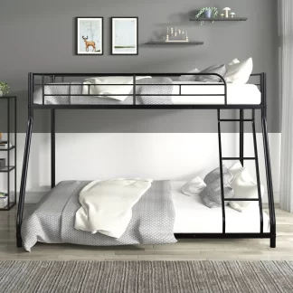 Kumix Twin over Full Bunk Bed, Low Bunk Bed with Full Length Guard Rails and Inclined Ladder, Heavy Duty Bunk Bed for Kids, Teens and Adults, No Box Spring Needed, Noise Free, Black
