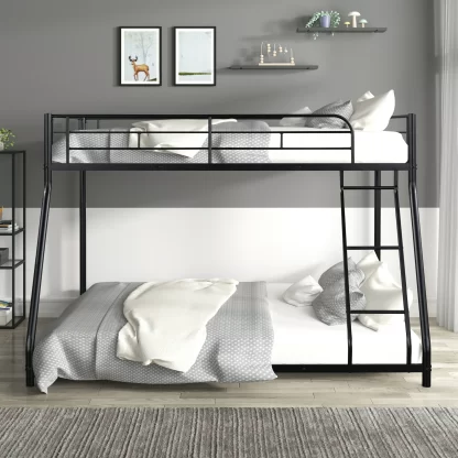 Kumix Twin over Full Bunk Bed, Low Bunk Bed with Full Length Guard Rails and Inclined Ladder, Heavy Duty Bunk Bed for Kids, Teens and Adults, No Box Spring Needed, Noise Free, Black