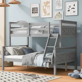 Kumix Twin Over Full Bunk Bed, Wood Bed with Ladder and Full-Length Guardrail for Kids, Teens, Adults, Can Convertible into 2 Bed for Bedroom, Noise Free, Space-Saving, No Box Spring, Gray