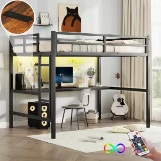 Loft Bed Full Size, Metal Loft Bed with Desk, Power Outlet and LED Lighted for Kids, Teens, Adults, High Loft Bed Frame with Guardrails and Build-in Ladder for Bedroom, Noise Reduced, Black
