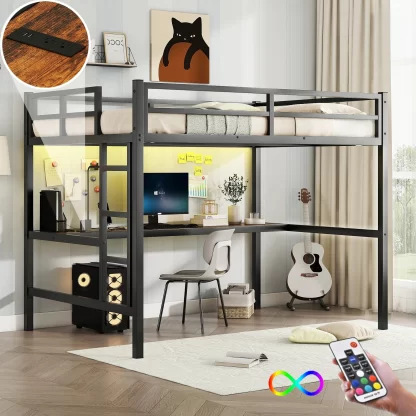 Loft Bed Full Size, Metal Loft Bed with Desk, Power Outlet and LED Lighted for Kids, Teens, Adults, High Loft Bed Frame with Guardrails and Build-in Ladder for Bedroom, Noise Reduced, Black