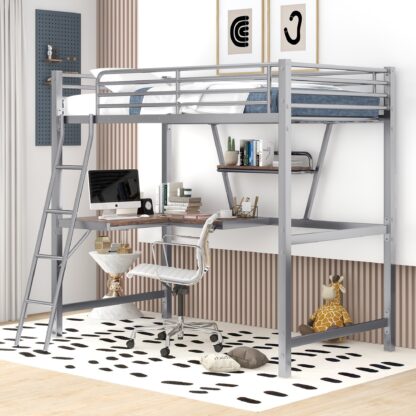 Kumix Loft Bed Twin Size, Metal Loft Bed with Desk, Full-Length Guardrail, Twin Loft Bed with Shelf and Ladder for Kids, Teens, Adults, Space-Saving Loft Bed for Bedroom, Noise Free, Silver