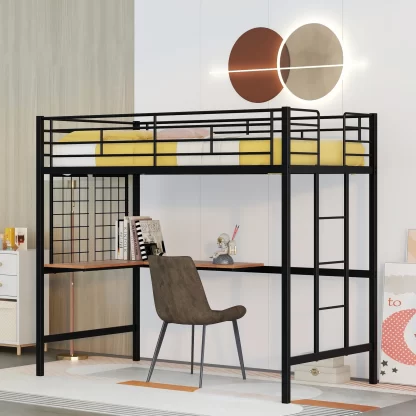 Kumix Loft Bed Twin Size, Metal Loft Bed with Desk and Metal Grid for Kids Teens Adults, Space-Saving Loft Bed with Build-in Ladder and Safety Guardrail, No Box Spring Needed, Black