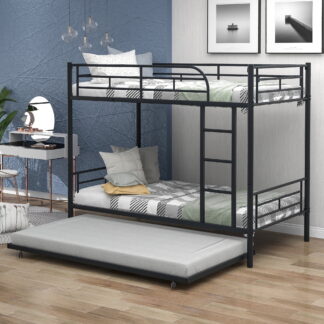 Kumix Bunk Bed with Trundle, Twin over Twin Bunk Bed Can Be Divided into Two Beds, Metal Bunk Bed with Full Length Guardrail and Ladder for Kids Adults, 3 in 1 Bunk Beds, Noise-Free, Black