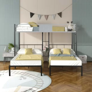 Kumix Triple Bunk Bed, Twin over Twin and Twin Bunk Bed for Kids Teens with Ladder and Safety Guardrails, Can Be Separated into 3 Twin Beds, Noise Reduced, Bunk Bed for Three, Black and Grey