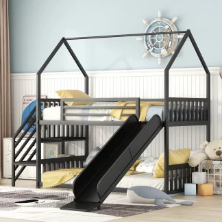 Kumix House Bunk Bed with Slide, Twin over Twin Bunk Bed with Staircase and Full Length Guardrail for Kids Teens, Metal Bunk Bed Frame for Bedroom, Dom, Low Bed for Toddler, Noise-Free, Black