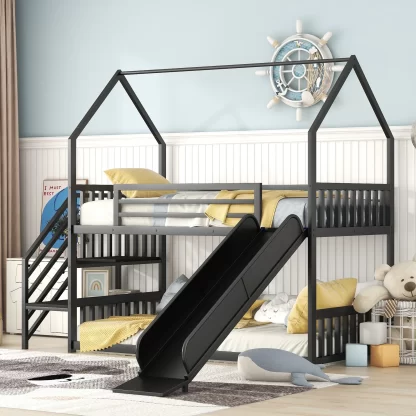 Kumix House Bunk Bed with Slide, Twin over Twin Bunk Bed with Staircase and Full Length Guardrail for Kids Teens, Metal Bunk Bed Frame for Bedroom, Dom, Low Bed for Toddler, Noise-Free, Black