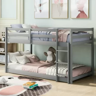 Kumix Twin over Twin Bunk Bed, Low Bunk Bed for Kids, Wood Bunk Bed Frame with Full-Length Guardrail and Build-in Ladder, Twin Bunk Bed for Bedroom, Noise Free, Easy Assembly, Gray