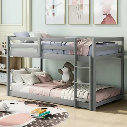 Kumix Twin over Twin Bunk Bed, Low Bunk Bed for Kids, Wood Bunk Bed Frame with Full-Length Guardrail and Build-in Ladder, Twin Bunk Bed for Bedroom, Noise Free, Easy Assembly, Gray