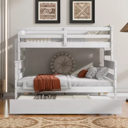 Kumix Twin over Full Bunk Bed, Wood Bunk Bed with Trundle, Slat Support and Full-Length Guardrail for Kids Teens, Can Convertible into 2 Separate Beds, No Box Spring Needed, White