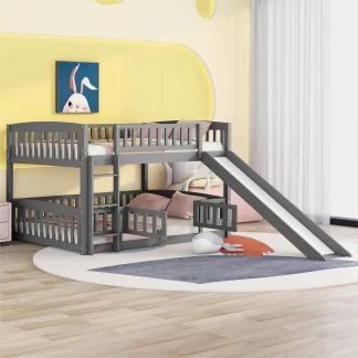 Kumix Wood Bunk Bed with Slide, Full over Full Bunk Bed with Fence, Full Length Guardrail and Ladder for Kids Teens, Low Bunk Bed for Bedroom, Noise-Free, No Box Spring Needed, Grey