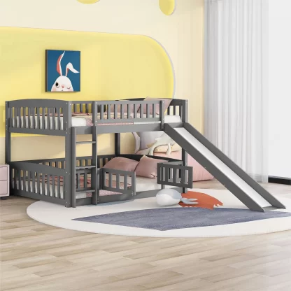 Kumix Wood Bunk Bed with Slide, Full over Full Bunk Bed with Fence, Full Length Guardrail and Ladder for Kids Teens, Low Bunk Bed for Bedroom, Noise-Free, No Box Spring Needed, Grey