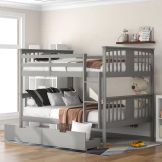 Kumix Bunk Bed with Drawers, Full over Full Bunk Bed with Full Length Guardrail and Build-in Ladder for Kids Teens Adults, Wood Bunk Bed Able to Split, 2 in 1 Bunk Beds, Noise-Free, Grey