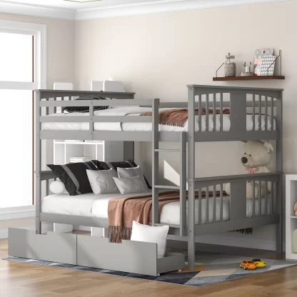 Kumix Bunk Bed with Drawers, Full over Full Bunk Bed with Full Length Guardrail and Build-in Ladder for Kids Teens Adults, Wood Bunk Bed Able to Split, 2 in 1 Bunk Beds, Noise-Free, Grey