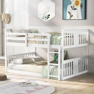 Kumix Full over Full Bunk Bed, Low Bunk Bed for Kids Teens with Full Length Guardrail and Build-in Ladder, Wood Bunk Bed Frame for Bedroom, 2 in 1 Bunk Beds, Noise-Free, Easy Assembly, White