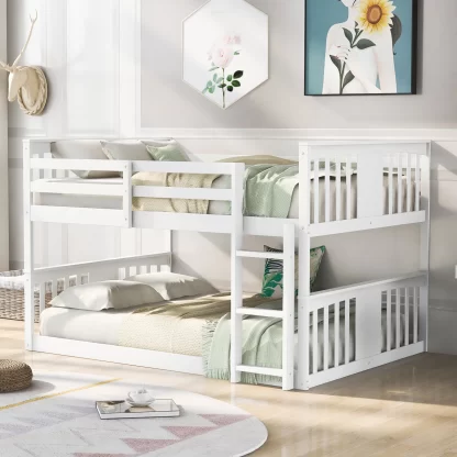 Kumix Full over Full Bunk Bed, Low Bunk Bed for Kids Teens with Full Length Guardrail and Build-in Ladder, Wood Bunk Bed Frame for Bedroom, 2 in 1 Bunk Beds, Noise-Free, Easy Assembly, White