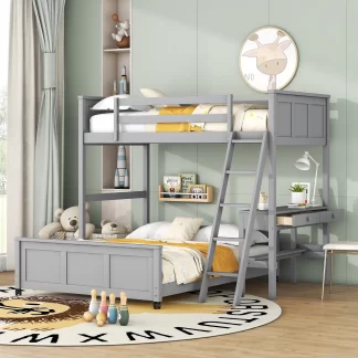 Kumix Twin over Full Bunk Bed with Desk, Wood Bunk Bed with Drawers, Full Length Guardrail and Ladder for Kids Teens Adults, Heavy Duty Bunk Bed with Removable Bottom Bed, Grey