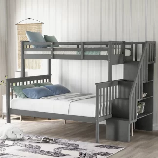 Kumix Twin over Full Bunk Bed, Wood Bunk Bed with Shelves, Full Length Guardrail and Stairway for Kids Teens Adults, Heavy Duty Bunk Bed Frame Able to Split, Noise-Free, Space-Saving, Gray