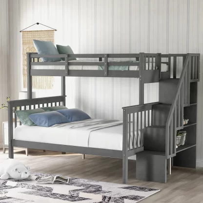 Kumix Twin over Full Bunk Bed, Wood Bunk Bed with Shelves, Full Length Guardrail and Stairway for Kids Teens Adults, Heavy Duty Bunk Bed Frame Able to Split, Noise-Free, Space-Saving, Gray