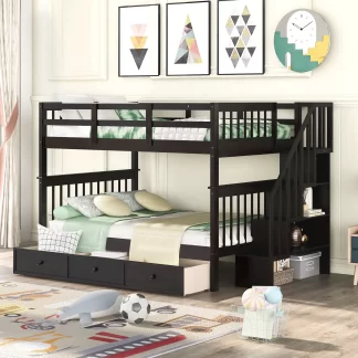 Kumix Bunk Bed with Drawers, Full over Full Bunk Bed with Shelves Full Length Guardrail and Stair for Kids Teens Adults, Wood Bunk Bed Able to Split, 2 in 1 Bunk Bed, Noise-Free, Espresso