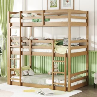 Kumix Wood Triple Bunk Bed, Twin over Twin over Twin Bunk Bed with Two Built-in Ladders, Guardrails for Kids Teens Adults, Detachable Triple Twin Bunk Bed, 3 in 1 Bunk Bed, Noise-Free, Oak