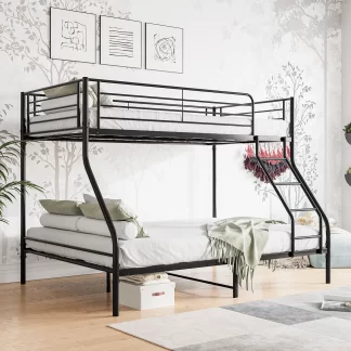 Kumix Twin over Full Bunk Bed, Metal Bunk Bed with Full Length Guardrail and Ladder for Kids Teens Adults, Heavy Duty Bunk Bed for Bedroom, Dorm, 2 Bunk Beds in 1, Noise-Free, Easy Assembly, Black